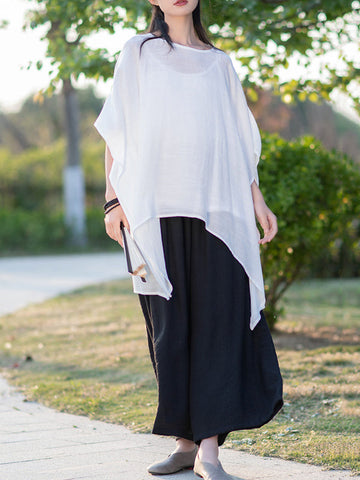 Half Sleeves High-Low See-Through Solid Color Round-Neck Blouses