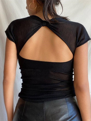 Quadratischer Kragen, Sommer, sexy, rückenfreie Oberteile für Damen, kurzärmelig, elegante Tops, T-Shirts, Skinny Streetwear-Kleidung 