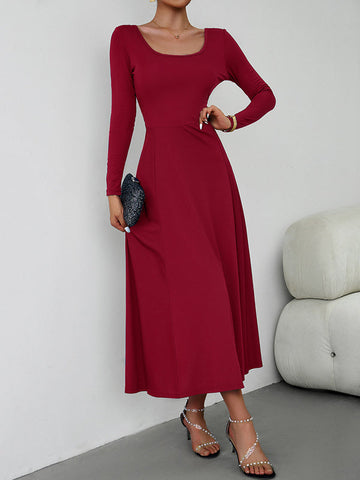 Vestidos midi de corte A, cintura alta, color liso, cintura anudada y cuello en U 
