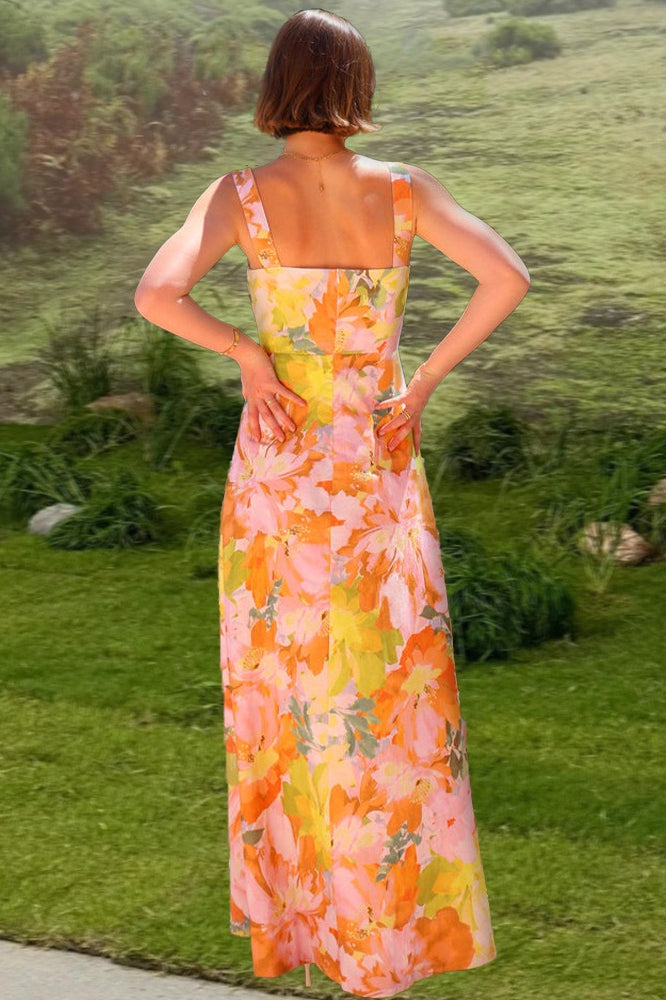 Floral Print Sleeveless Holiday Flowy Maxi Dress