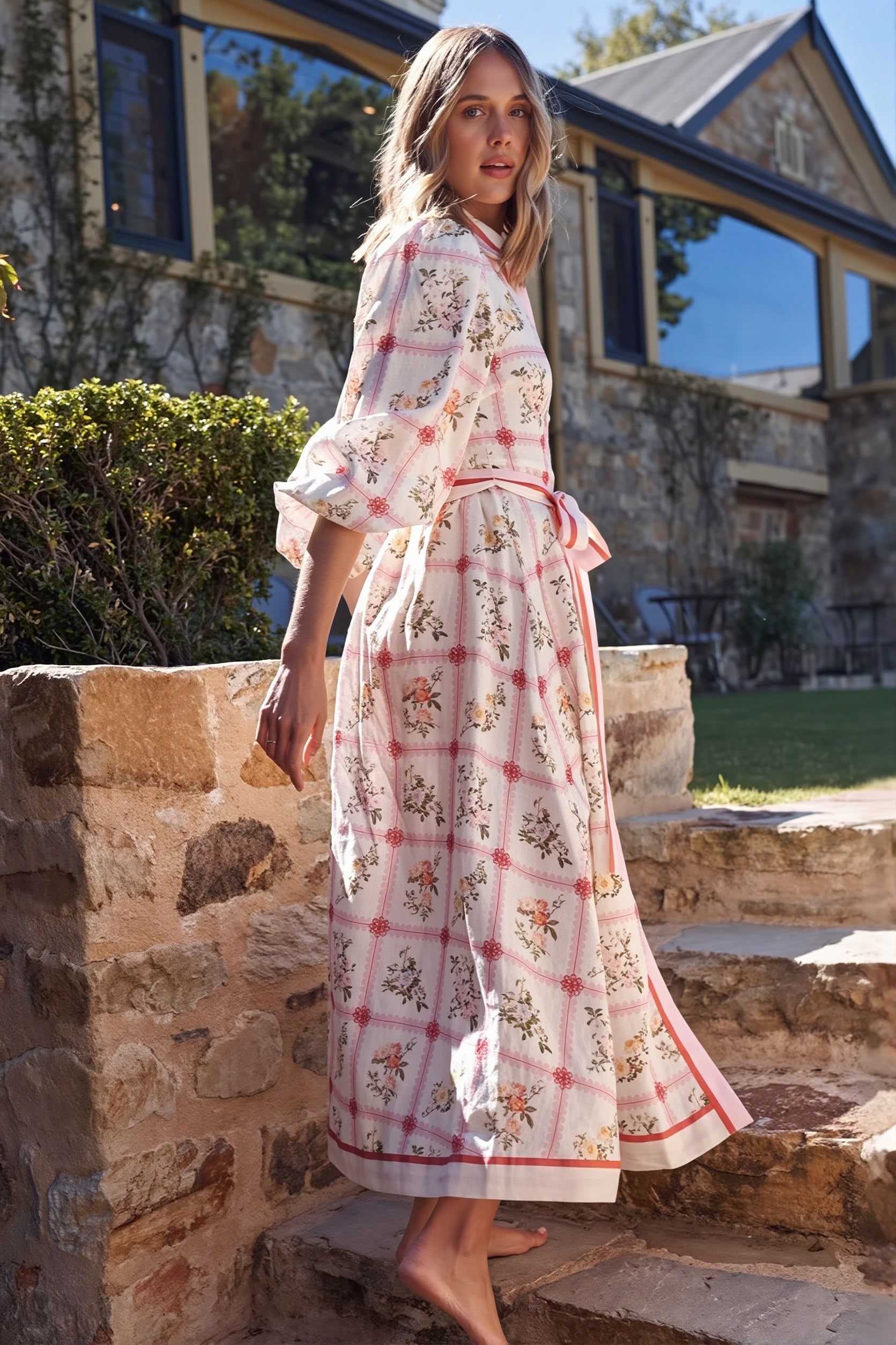 Linen Floral Tie Long Cardigan Boho Dress