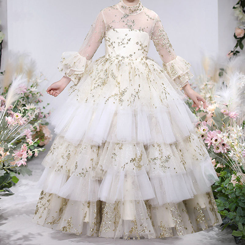 Vestido de primera comunión para niña, vestido de princesa con flores y malla abullonada. 