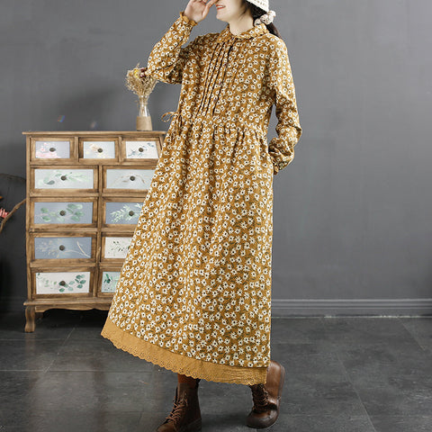 Vestido retro plisado de algodón y lino con estampado floral de invierno 