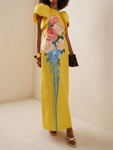 Short Sleeves Floral Printed Split-back Round-neck Maxi Dresses