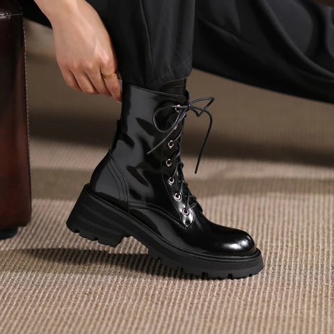 Botas de mujer otoño 2024, nuevas botas de tobillo de piel auténtica de estilo británico con suela gruesa y cordones, botas de plataforma para mujer 