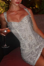 Sexy Leopard Print Diamond Neckline Waist Cinching Mini Dress