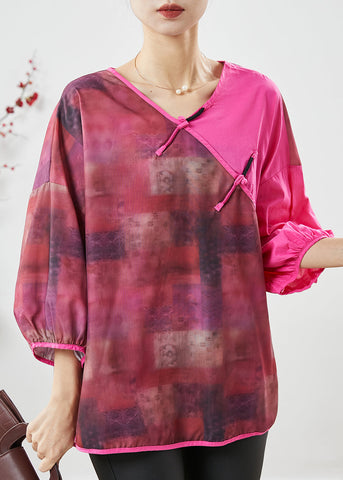 Blusa de lino con patchwork y teñido anudado en rosa chic para verano 