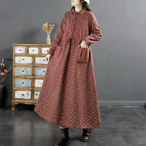Vestido retro de invierno de lino y algodón con estampado floral 