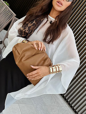 Capelet High-Low See-Through Solid Color Round-Neck Blouses&Shirts Tops