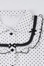 Lapel Button Bow Polka Dot Blouse