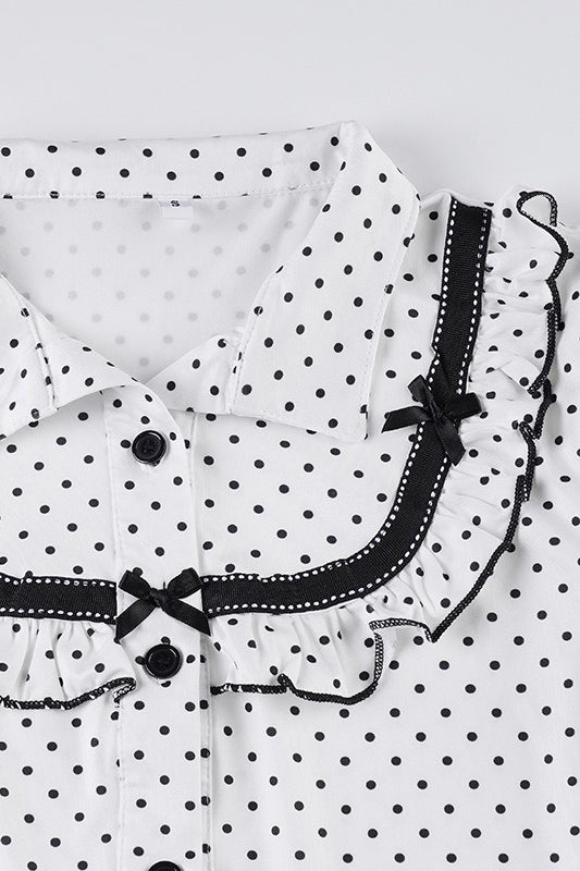 Lapel Button Bow Polka Dot Blouse