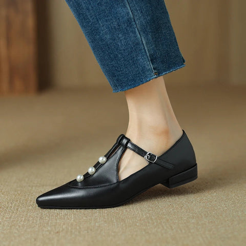 - Zapatos Mary Jane de punta puntiaguda con perlas y hebilla en T, cómodos, planos y mocasines para mujer, tallas grandes 41, 42 y 43, para primavera y otoño.