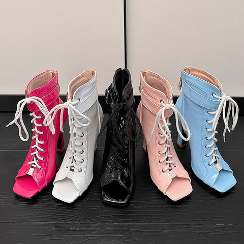 Botines de tacón alto de verano para mujer, primavera 2024, con punta abierta y cordones, para fiesta, jazz, baile, talla grande 47 