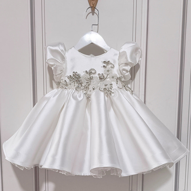 Lindo vestido de primera comunión con flores tridimensionales de satén blanco para niña, vestido de fiesta para niña pequeña 