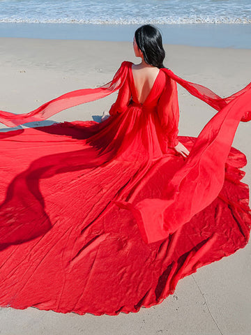 White Maxi Dress Long Sleeves Crepe Chiffon Beach Wedding Dress