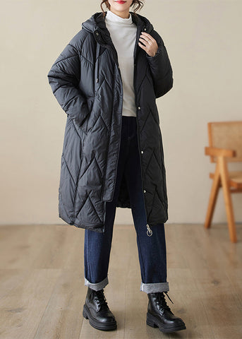 Schwarze Taschen Patchwork Feine Baumwolle Gefüllt Kapuzenmantel Zip Up Winter 