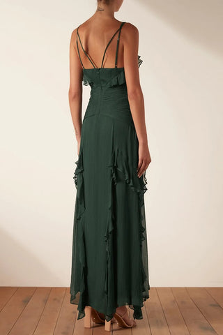 Vestido largo camisola con volantes en el bajo verde 