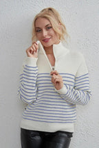High Neck Striped Color Block Zip Pullover Sweater