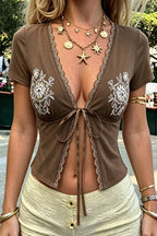 Casual Floral Lace Tie Short Sleeve Blouse