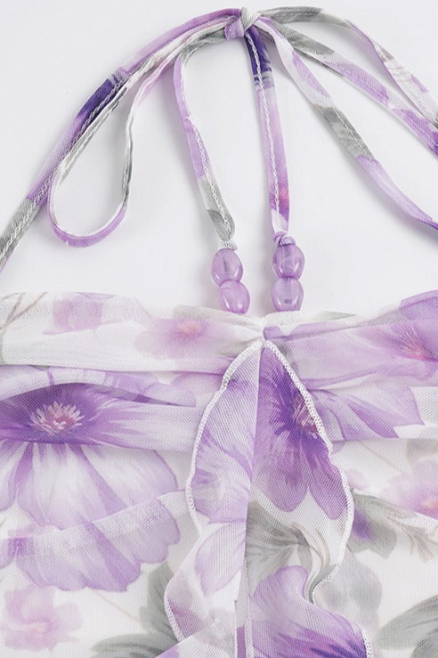 Floral Print Beaded Romantic Halter Top