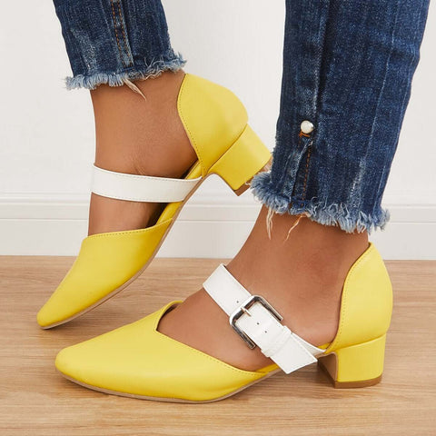 Block Low Heel Mary Jane Pumps Pointed Toe Buckle Dress Shoes
