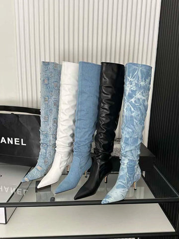 Sexy Overknee-Stiefel für Damen, Chelsea-Booties, spitze Zehenpartie, blau, schwarz, weiß, Jeansstoff, Winterschuhe, Schlupfstiefel für den Herbst 