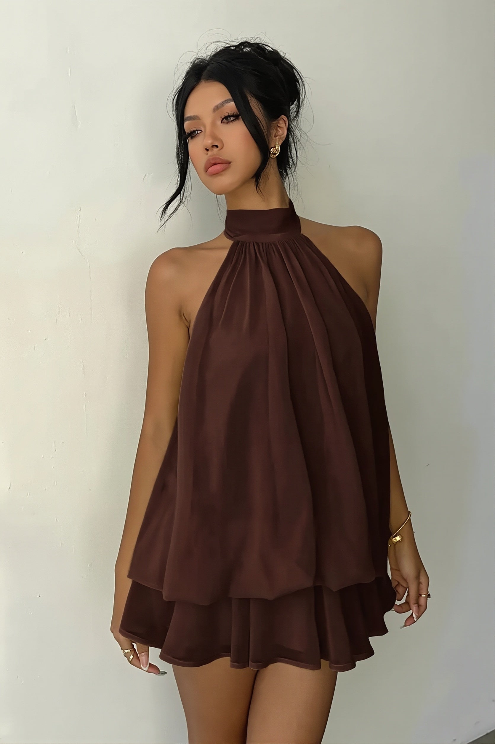 Vacation Halter Backless High Waist Flowy Mini Dress