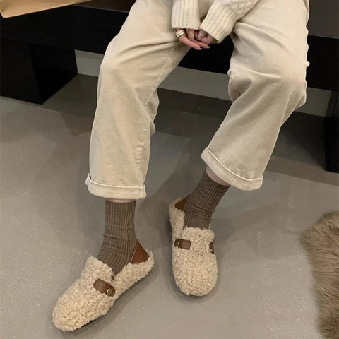 Mocasines planos de lana de cordero para mujer, elegantes, sin cordones, a la moda, para otoño 