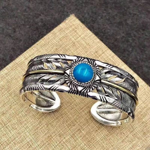 Sterling Silver Turquoise Feather Wide Cuff Bracelet