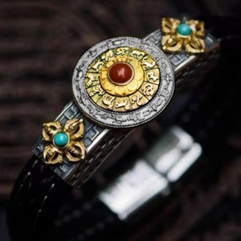 Sterling Silver Turquoise Red Agate Chinese Zodiac Vajra Bracelet