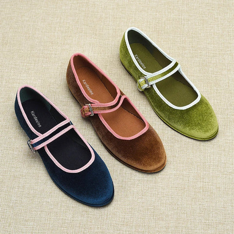 Zapatos planos estilo español con punta redonda para mujer, de terciopelo, Mary Jane, color verde, azul y marrón. 