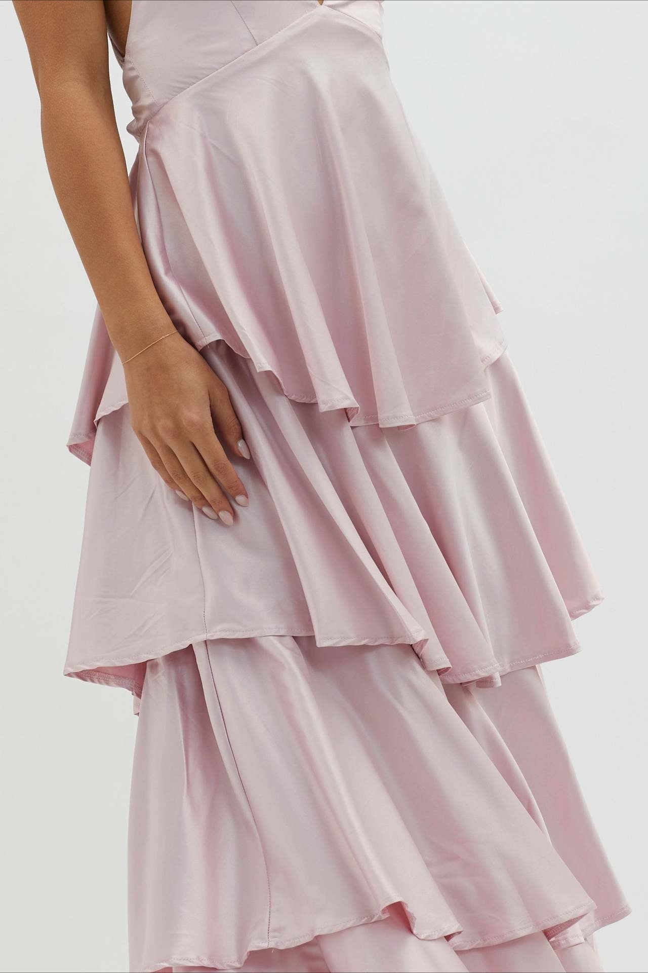 Satin V-Neck Cami Tiered Slim Maxi Dress