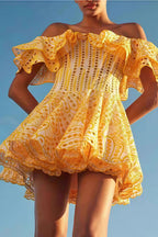 Elegant Designer Embroidery Hollow Out Cutout Waist Cinched Mini Dress