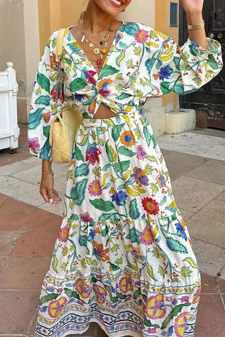 Vestidos sexis de corte A con escote en V fruncido y estampado floral 
