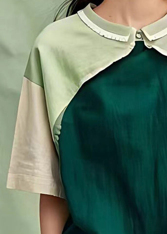 Pre sale - shipping in 30 days/Natural Dull Green Oversized Patchwork Cotton Blouse Top Summer