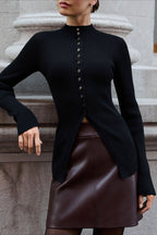 Single-Breasted Rib-Knit Slim Long Sleeve Blouse