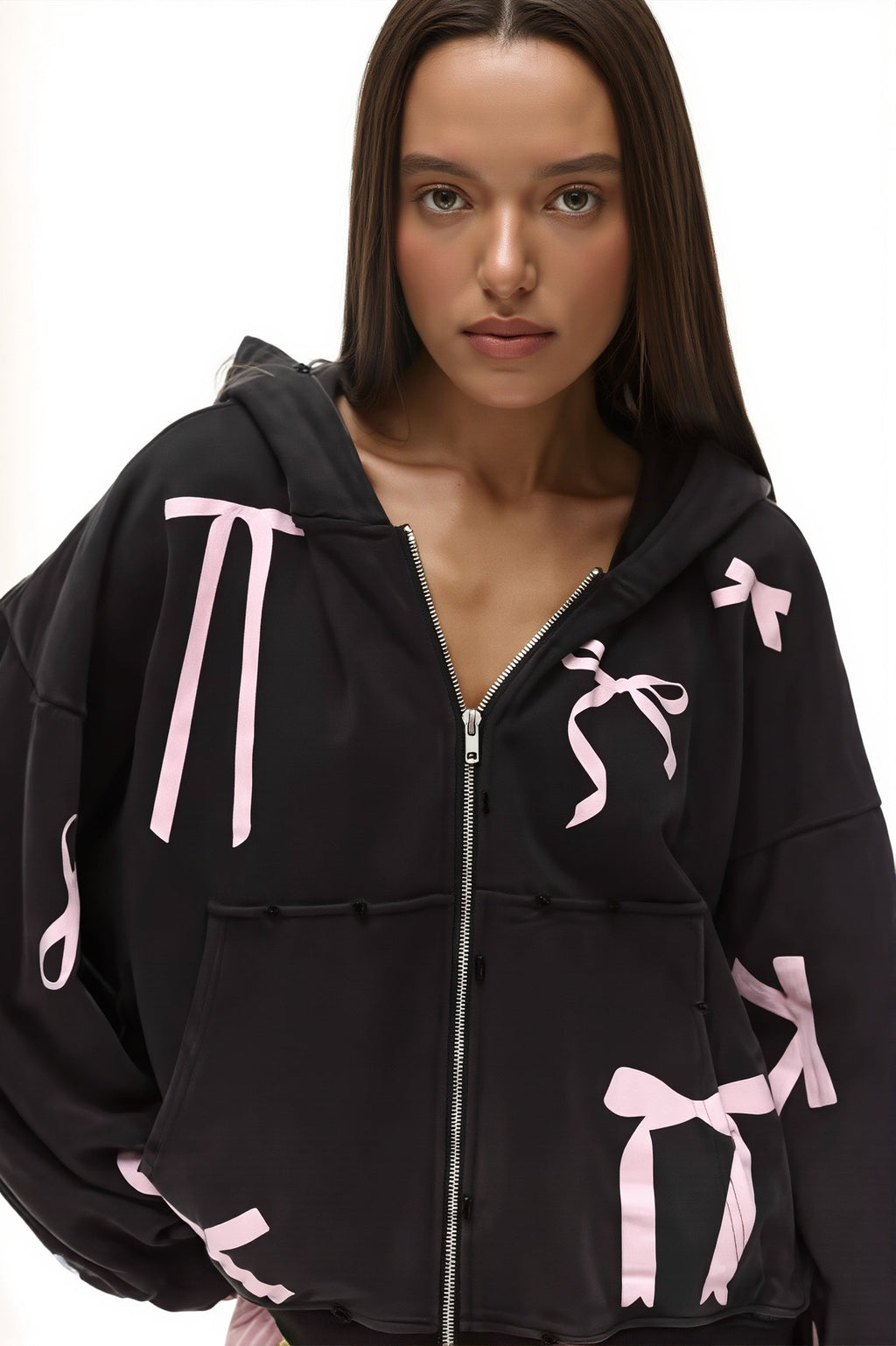 Bow Print Zip Cardigan Hoodie