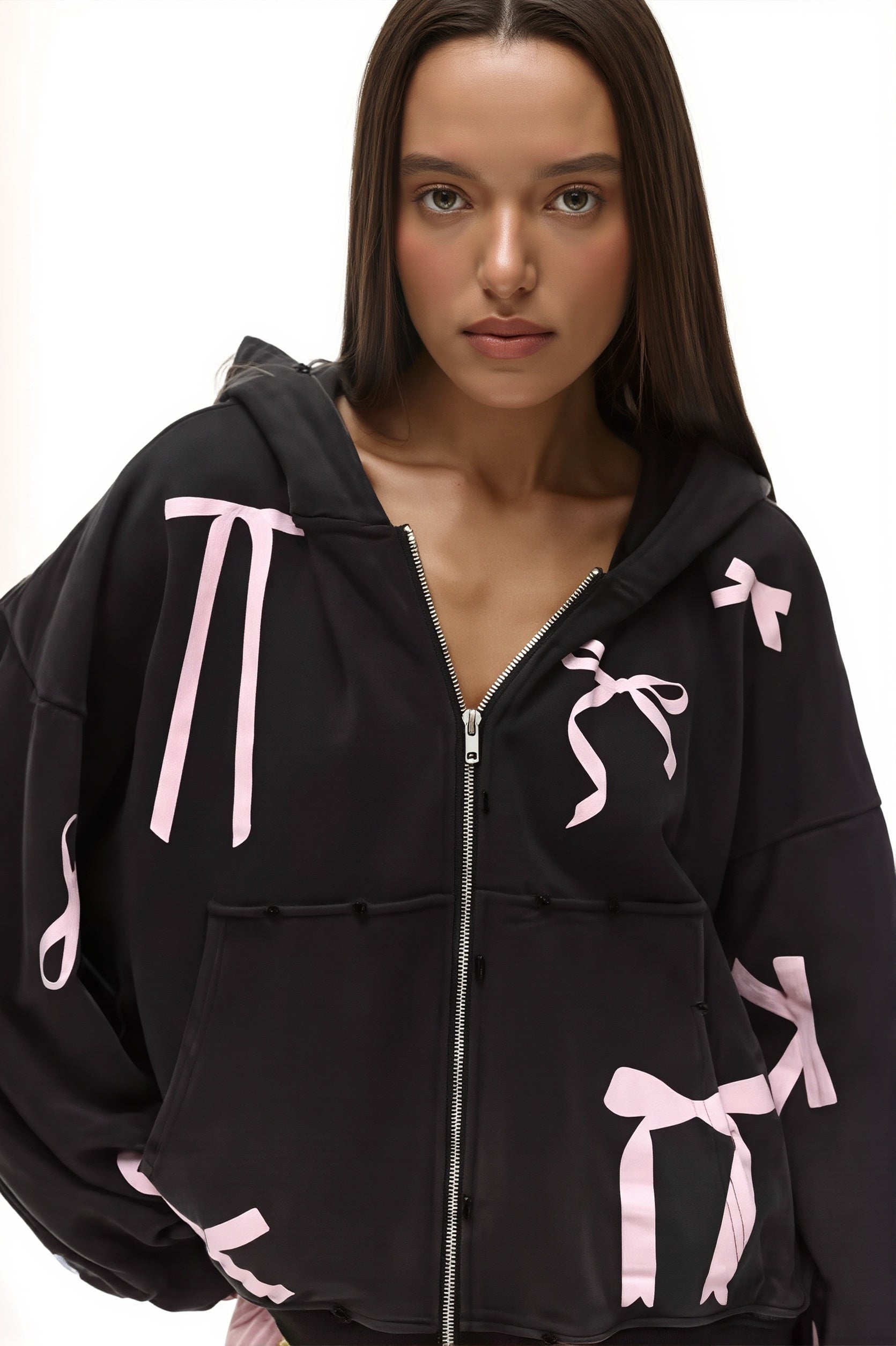 Bow Print Zip Cardigan Hoodie