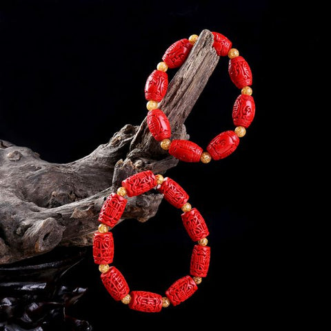 Red Cinnabar Chinese Carving Beads Elastic Bracelet