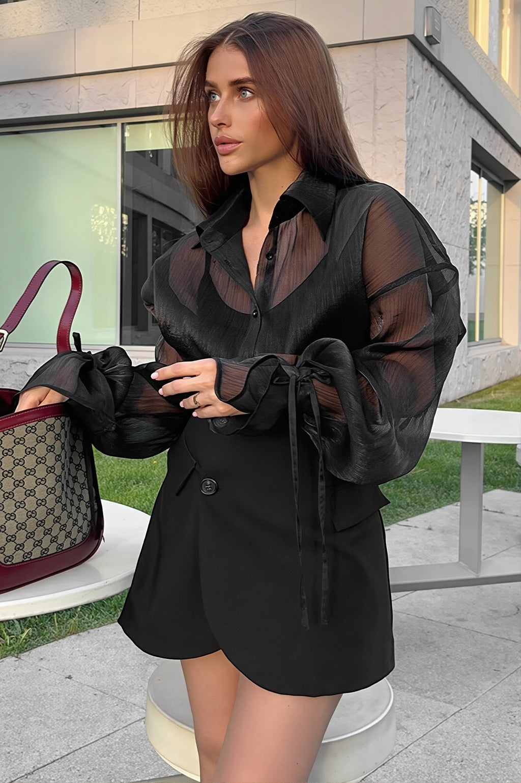 Sheer Puff Long Sleeve Collared Blouse