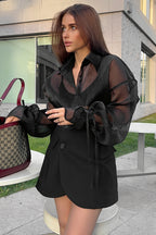 Sheer Puff Long Sleeve Collared Blouse