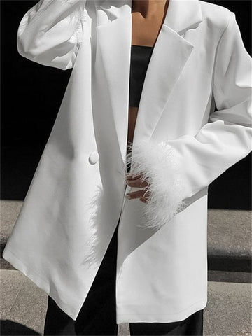 Traje de abrigo de plumas blancas y esponjosas para mujer, moda de otoño 2023, cárdigan de retazos, traje liso y holgado para mujer. 
