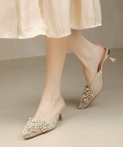 Sandalias elegantes de tacón alto con tiras azules y punta puntiaguda con cuentas 
