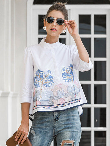 Casual Three-Quarter Sleeves Loose Embroidered Stand Collar Blouses&Shirts Tops