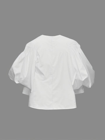 Half Sleeves Loose Buttoned Elasticity Hollow Pleated Solid Color Split-Joint Round-Neck Blouses&Shirts Tops