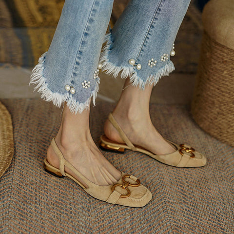 Blue Suede Square Toe Flat Sandals Solid Metallic Buckle Upper Slingback Pumps
