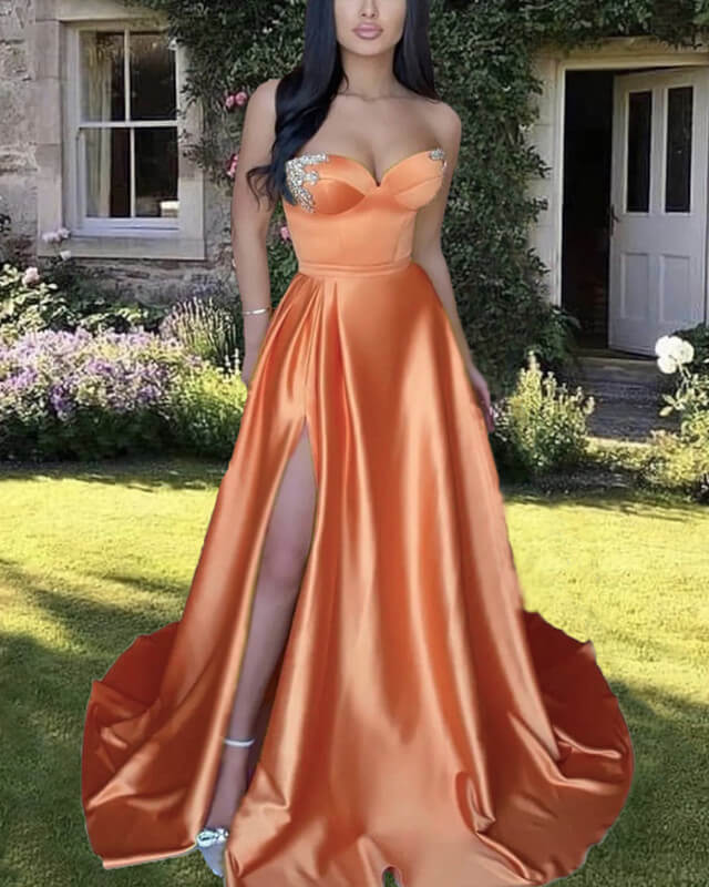 Vestido de fiesta largo de satén naranja con escote en forma de A y escote en forma de corazón con cola larga
