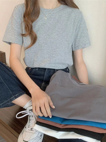 Women's T-Shirt Korean Loose O-Neck Basic Tops Female Spring White Black Tee Shirts