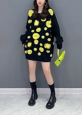 Schwarzer Patchwork-Strickpullover, mittellanges Kleid mit Rüschen, O-Ausschnitt, Herbst 