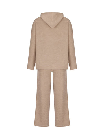 Conjunto de dos piezas de suéter holgado de color sólido con cuello redondo, capucha y mangas largas + pantalón con cordón ajustable 